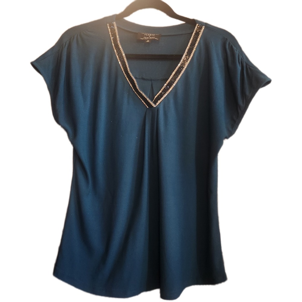Flower & Feather Elegant Womens Teal V-Neck Beaded Blouse Short Sleeve Size Med